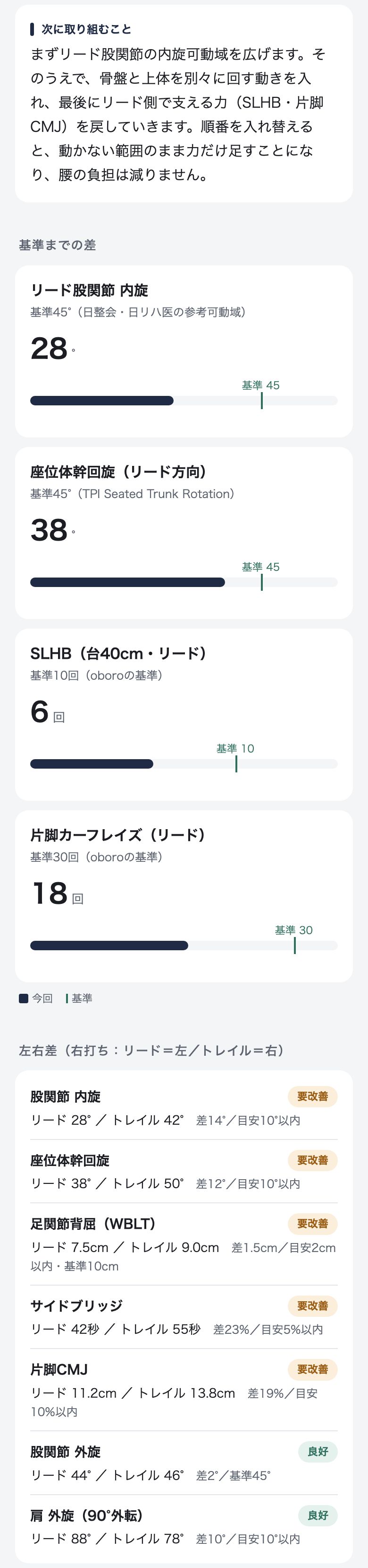 ゴルフ測定レポートの見本2:優先課題と基準までの差